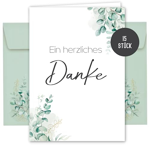 15 Dankeskarten inkl. Umschläge für Hochzeit, Standesamt, Geburtstag, Baby, Kommunion, Jugendweihe, Taufe | Karte Danke | Klappkarte DIN A6 (Eucalyptus)