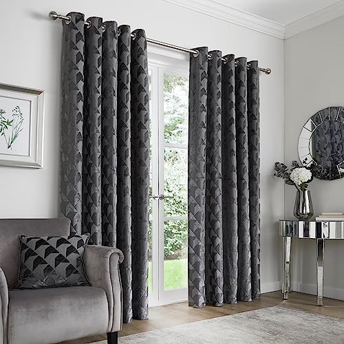 Appletree - Slate Grey Jacquard Curtains W66 x L54 (168 x 137cm) - Silver Eyelet Luxury Curtains for Bedroom/Living Room - Dark Grey Door Drapes - Worcester Collection