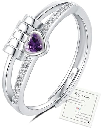 Purple Anxiety Sterling Silver Fidget Ring for Women - Adjustable Heart Thumb CZ Spinner Ring - Gift for Daughter Her