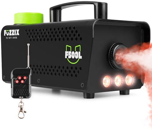Fuzzix F503L Party Smoke Machine with Built-in RGB LED Colour Effect Lights & Wireless Remote Control - 500W Fogger for DJs, Disco, Halloween, Home Parties & Events