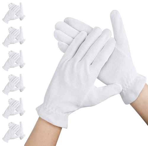 Segbeauty Guanti Cotone Dermatologici, 6 Paia Guanti Bianchi per la Terapia Delle Mani Asciutte, Crema Mani, per Ispezione Pulizia di Monete, Gioielli (L)