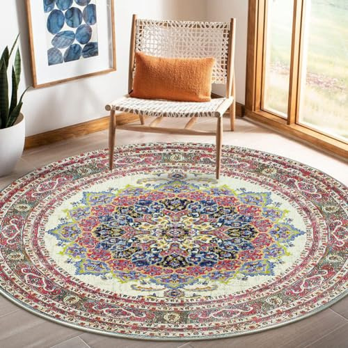 Nyescasa Teppich Rund 120 cm Vintage Boho Mandala Teppich Wohnzimmer Waschbar rutschfest Weich Kurzflor Runder Teppiche für Schlafzimmer Kinderzimmer Outdoor, Beige Rot