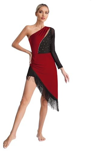 LiiYii - Vestido de baile latino con flecos leotardo danza moderna jazz vestido de un solo hombro con pantalones cortos para espectáculo adulto, borgoña, XL