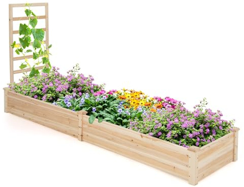 RELAX4LIFE Fioriera da Esterno, Orto Rialzato con Spalliera e 2 Cassoni, Base Aperta, Fioriera in Legno di Abete per Fiori e Piante Rampicanti per Balcone/Giardino (235x63x102cm, Naturale)