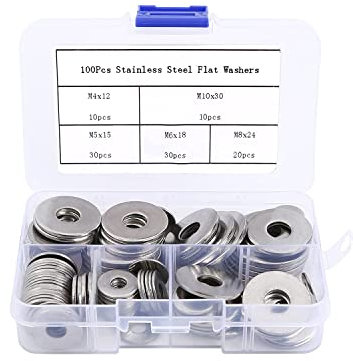 Mindwissup 100 Stück Flache Unterlegscheiben Set, Edelstahl Beilagscheiben Großer OD 5 Größen M4, M5, M6, M8, M10 Repar Metallscheiben Distanzscheiben für Schrauben, Muttern, Gewindestange