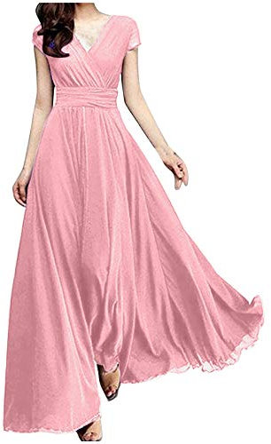 Abendkleid Damen Lang - Maxikleid Damen V Ausschnitt Wickelkleid Chiffon Kleider Festlich Elegant Kurzarm Abendkleider Hochzeit Gast Kleid Swing Ballkleid Partykleid Abiballkleider für Fauen