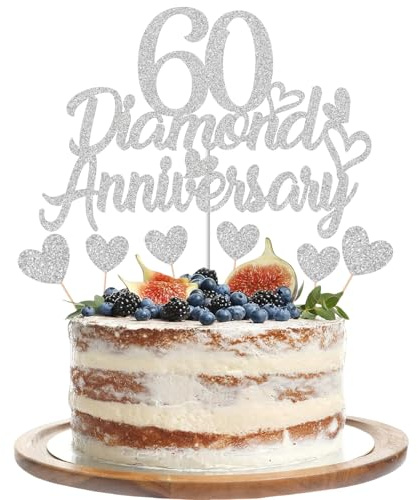 Gidobo 60th Diamond Anniversary Cake Toppers, Glittery Cake Decorations with Love Heart Pick for 60th Wedding Anniversary Party Supplies