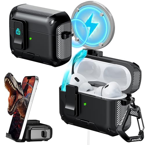 RFUNGUANGO Kompatibel mit AirPods Pro 2 Hülle, Kompatibel mit MagSafe Aufladen, Automatisches Aufklappen mit Sicherheitsverriegelungsclip,Mit Handyhalterfunktion,Schwarz