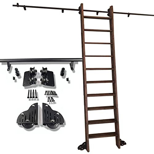 SFNIOKFG Schiebeleiter-Bibliothek, komplette Hardware, 3,3–20 Fuß Rollschienen-Set (Keine Leiter), Mobile Leiterschiene aus schwarzem Stahlrundrohr mit Bodenrollenrädern (Größe: 6,6 Fuß/200