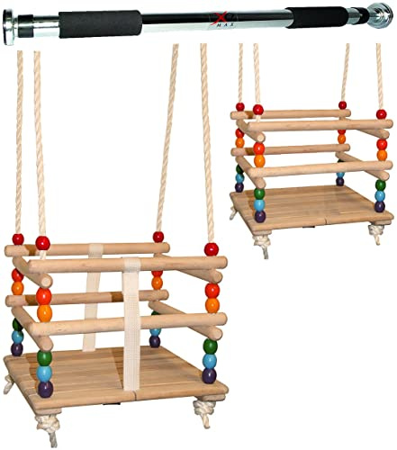 alles-meine.de GmbH 2 TLG. Set Babyschaukel/Kinderschaukel - mit abnehmbaren Gurt + Türreck - Leichter Einstieg ! - Gitterschaukel/Schaukel aus Holz - mitwachsend & verstel..