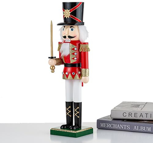 Figuras de cascanueces de Navidad, soldado de cascanueces, herramienta de cascanueces de madera roja y verde, 38 cm, soldado decorativo de Navidad para decoración coleccionable de escritorio