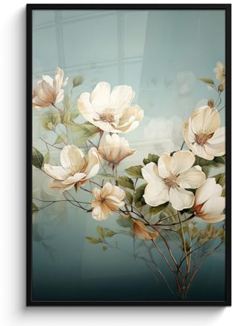 MuchoWow© Bilder mit Rahmen 80x120 cm Poster Wanddekoration Wohnzimmer Deko Modern Geschenke Bilderrahmen Vintage - Blumen - Weiß - Zweige - Natur