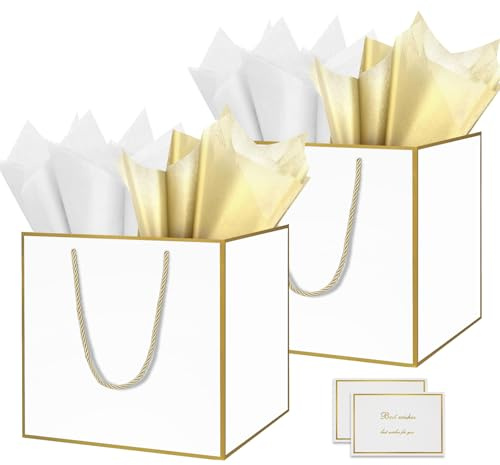 HONTIUS 11.8 Quadratische Geschenktüten, Geschenktüten Groß Geschenktüte xxl mit Taschentuch und Karten, Weiß Goldene Linie Geschenk Tüte Papiertüten mit Henkel 30 * 30 * 30cm Gift Bag Bags 2 Stück