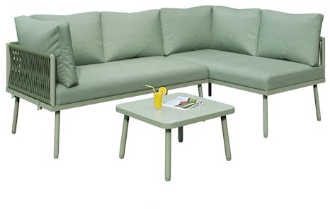 QINGDONGDZA Garten-Lounge-Set aus Eisen, Gartenmöbel-Set, L-förmiges Gartenmöbel-Set, Lounge-Set aus mit Sitzkissen, verstellbaren Füßen, 2 Sofas und 1 Tisch,Grün