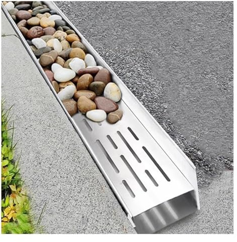 Canaleta de Desagüe Kit De Filtro De Drenaje Para Jardín Exterior, Canal De Drenaje De Perfil Bajo Con Rejilla, Canales De Drenaje De Acero Inoxidable 304 Para Patio, Terraza Y Acera(100x6.5x6.5cm/39.