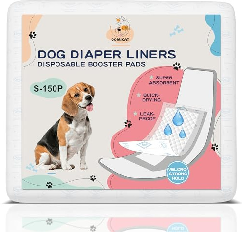 OOMICAT Dog Diapers Liners, 150 Ct, Super Absorbent Booster Pads for Male Dog Wraps and Female Dog Diapers, Lnnovative Hook-and-Loop Tape Design, Super-fit & No Shifting, Small Dog Diaper Pads