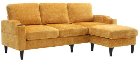 Modern hörnsoffa, hörnsoffa med lagringsutrymme och pall, 3-sitsig L-formad soffa med mugghållare och sidoficka för vardagsrum, lägenhet, kontor (gul)