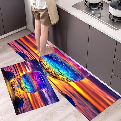 Tappeto da Cucina Cristallo Antiscivolo e Lavabile Passatoia da Cucina Tramonto Sul Mare Set di 2 Tappetini per Ufficio, Camera da Letto, Corridoio, Sala da Pranzo e Ingresso, Viola, 40x60cm+40x120cm