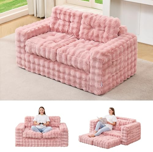Hobestluk Sofa Couch Loveseat Sofa with Bubble Fabric 2-Seater Sofa for Small Spaces Comfortable Foam Floor Sofa 2 in 1 Boneless Couch for Living Room Bedroom Apartment or Office (Pink, Loveseat)