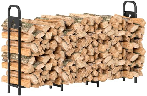 Outsunny 6.5 FT Stahl Kaminholz Regal mit 300 kg Kapazität, Heavy Duty Indoor Outdoor Kamin Holz Lagerung Regal, Log Halter/Stand mit extra Unterstützung Beine, dekorative Lagerfeuer Muster, schwarz