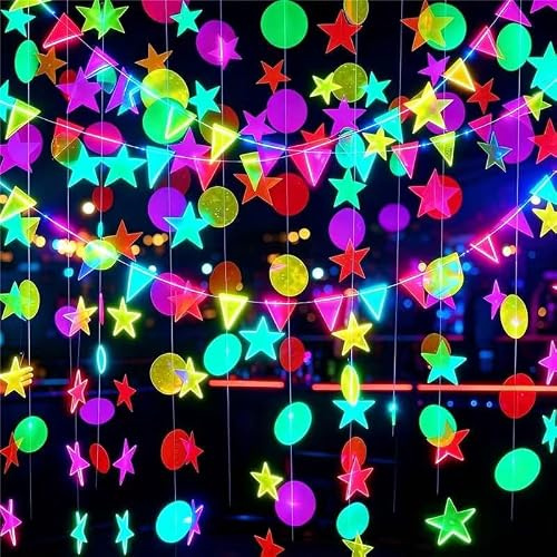 Neon Papiergirlande Schwarzlicht Party Deko 4,4 m Kreis Punkte Girlandes Neon Stern Girlande Dreieck Flags hängende Girlande Disco Party Banner Papier Bänder Leuchtend Glow Partyzubehör