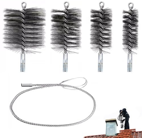 Yixinly Juego de 5 cepillos para tubo de estufa, cepillo para calderas, escoba chimenea, incluye cepillos en los tamaños 30 mm, 50 mm, 80 mm y 150 mm, con alambre de acero de 1 m para limpieza de