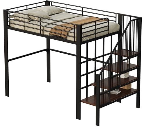 DHWDS Hochbett 140x200 cm Schwarz Hochbelastbar bis 150 kg | Metall-Stauraumbett mit Treppe | Extra Stauraum unter den Stufen | Robust für Familie und Erwachsene