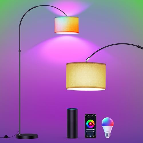 ANTENLICHT LUNA Bogenlampe Wohnzimmer Stehlampe Vintage, Inklusive LED E27 | Standleuchte mit Beige Stoffschirm I funktioniert mit Alexa und Google Home I RGB Stehleuchte Dimmbar für Schlafzimmer