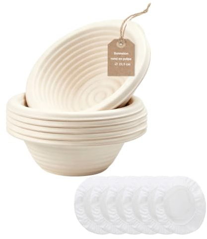 6 Paniers à Pain Corbeille de Fermentation en Pulpe 19 cm avec 6 Housses en Lin Banneton au Levain