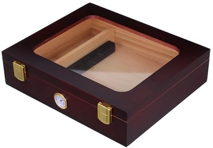 Housoutil Humidor de Madera Ventana de Vidrio y Sistema de Humidificación, Caja Decorativa para Almacenamiento y Exhibición de Cigarros en Escritorio