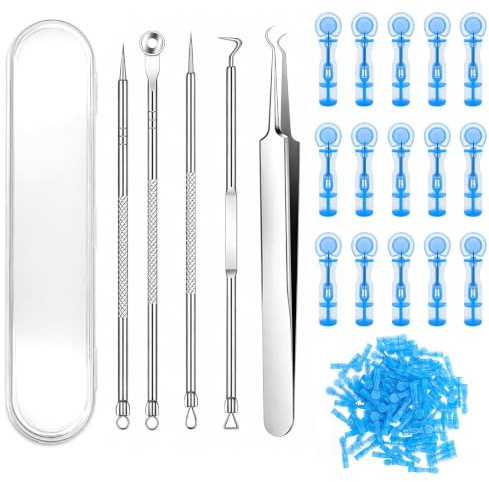QEAS Herramientas para Eliminar Espinillas, 100 Blemish Remover Acné Aguja y 5 Blackhead Remover de Acero Inoxidable con Caja, Puntos Negros Aguja Extractor Limpiador para Salón y Hogar