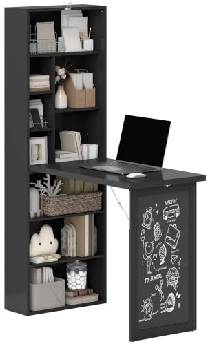 HOMCOM Escritorio montado en Pared con Pizarra Plegable, Marrón rústico | Mesa estudio ahorro espacio, estantería, escritorio flotante, estante ajustable, 9 compartimentos abiertos, espacio pequeño