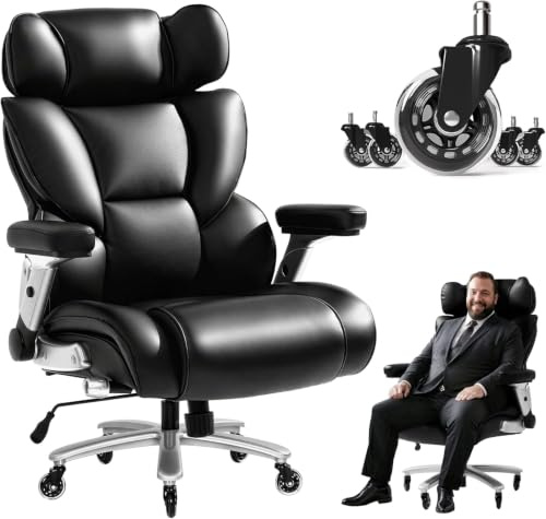 FLEXISPOT Desk Office Chair, Big and Tall PU Leather Ergonomic Office Chair, 600 lbs Adjustable High Back Computer Chair with Adjustable Lumbar Support, 2D Armrests, Blade Casters（ Black）