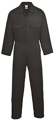 Portwest S998 Men's Euro Cotton Work Coveralls Protective Overalls Breathable Durable Workwear Concealed Stud Multiple Pockets Elastic Waist Boiler Suit for Mechanics Warehouse Garages DIY, Black, S