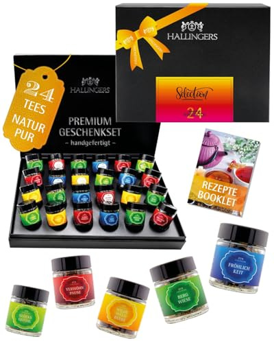 Hallingers Genuss Manufaktur Tee Geschenk-Set - 24 Sorten premium loser Tee Probierset in edler Geschenkbox mit Rezept-Booklet Selection, Geschenkidee für Frauen Männer