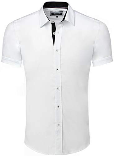 CARISMA Camisa informal de manga corta para hombre, corte entallado con cuello Kent para ocio, negocios, bodas 9102 Blanco L
