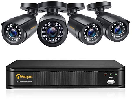 Anlapus 1080P Kit de Cámaras Seguridad 8CH H.265+ Videograbador DVR con 4 Cámara de Vigilancia Exterior, sin Disco Duro, Visión Nocturna, Alarma de Movimiento