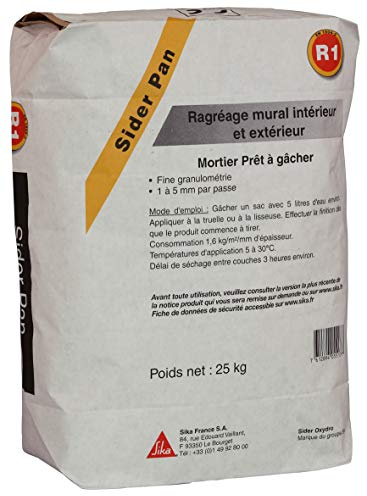 SIKA - Mortier de ragréage mural classé R1 - Sider Pan Gris - Epaisseurs de 1 à 15 mm - Utilisation en intérieur et extérieur - Sur béton traditionnels ou bétons pleins d’argile expansée 25kg