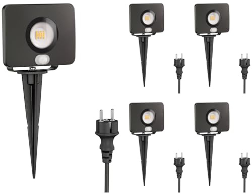 ledscom.de 5 Stück LED Gartenstrahler Wega mit Erdspieß für außen mit Bewegungsmelder, schwarz 11,32W 880lm weiß
