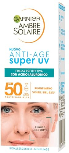 Garnier Crema Viso Protettiva Anti-Age Super UV, Per Pelli Sensibili, Protezione SPF 50, Ad Assorbimento Rapido, Con Acido Ialuronico, Ambre Solaire, 50 ml