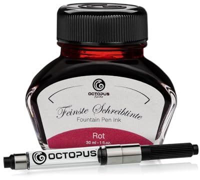 Octopus Fluids Füllhaltertinte Rot, Tintenglas mit Tinten-Konverter, 30 ml | Mit Tinten-Konverter für Füllhalter mit Standardpatronensystem, farbintensive Schreibtinte mit schönem Shading