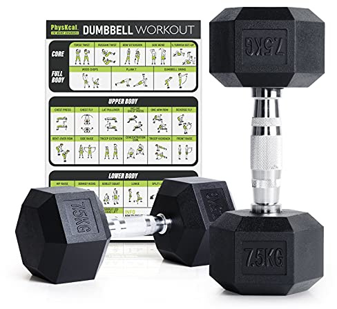 PhysKcal Hex Rubber Dumbbells Hanteluppsättning 7,5 kg, tillverkad av miljövänligt polygummi med låg lukt, perfekt för Renegade Rows, Devil Press, crosstraining