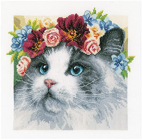 Lanarte Kreuzstich Stickpackungen Gezählter Kreuzstichbilder Set RAGDOLL MIT BLUMENKRANZ Wanddekoration Handarbeit Set für Erwachsene 29 x 29 cm DIY Deko Bastelset Handwerker Kreative Geschenkset