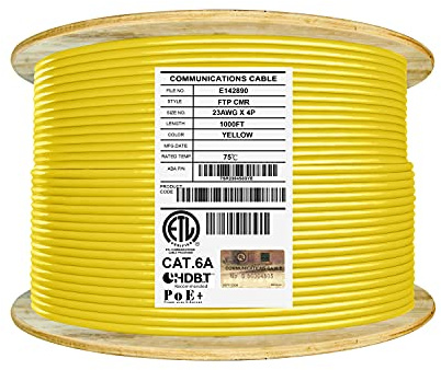 Elite Cat6A Shielded Riser (CMR), 1000ft, FTP 23AWG, Solid Bare Copper, 650MHz, 10Gb Speeds, UL Listed, UL-LP Certification, Higher Performance PoE, Bulk Ethernet Cable Reel, Yellow