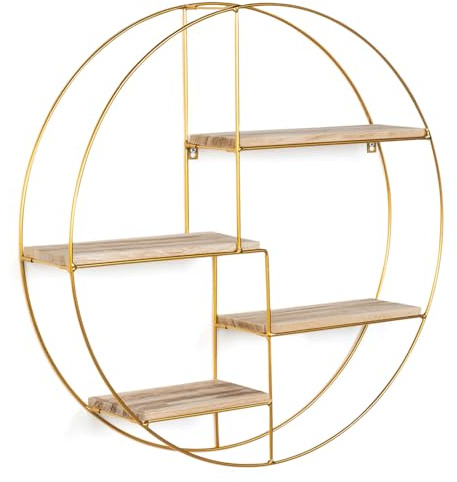 IDMarket - Rundes Wandregal Lily mit 4 Ebenen aus Holz und goldfarbenem Metall im Industriedesign