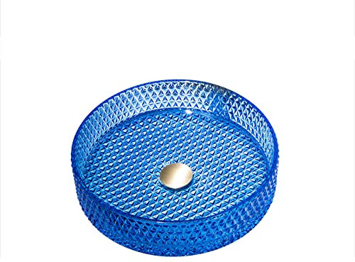 Ksunun Waschbecken Modernes Design Kristallglas Aufsatzwaschbecken Runden Aufsatz Waschschale mit Messing Wasserablauf und Montage Ring, Handwaschbecken für Bad,Blau