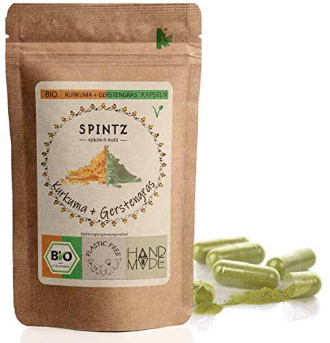 SPINTZ Bio Kurkuma Gerstengras Kapseln - hochdosierte Tabletten mit 400mg Kurkuma & 200mg Gerstengras Pulver pro Kapsel - aus biologischem Anbau - vegan | plastikfrei verpackt (180 Stk.)