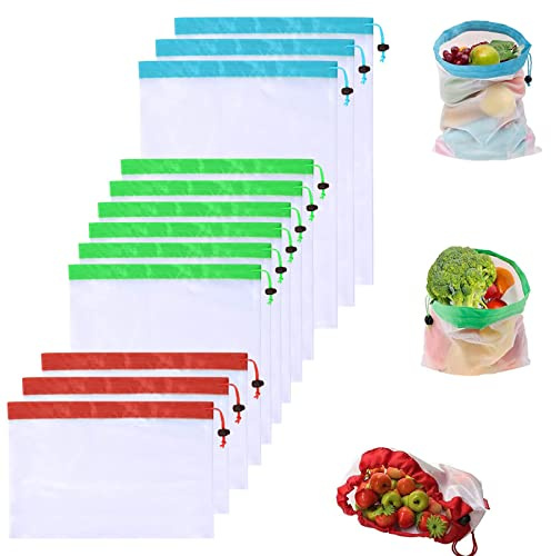 12 Stück Obst und Gemüsenetz, Obstnetze Mehrweg, Rote, Grüne, Blaue Obstnetzbeutel, Obstnetz zum Einkaufen Wiederverwendbare Netzbeutel für Lebensmittel, Gemüse, Obst, Haushalt, Spielzeug, Kleinteile