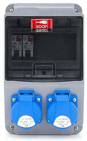 KOOP Elektro Verdrahtet Baustromverteiler Stromverteiler Wandverteiler mit Sicherungen und Schuko Steckdosen 2x230V + 2x Leitungsschutzschaltern C16 1-polig, IP54, für Indoor/Outdoor-Bereich