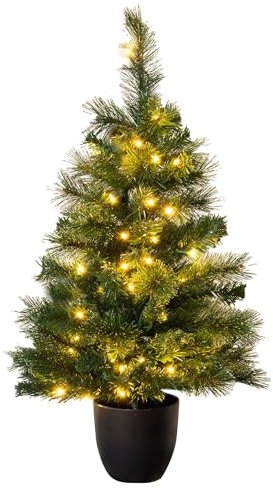 Christmas Tree World | 3ft Artificial Pre-lit Majestic Dew Pine | Natural and Realistic Look with Bushy and Luxury Quality PVC Tips | Easy to Assemble and Take Down | 40cm Diameter | Potted | Outdoor